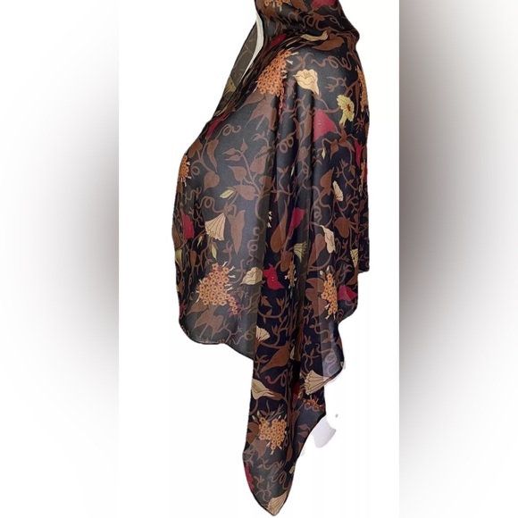 100% Silk Scarf Rectangle Sheer Made in Korea Black Brown Red Yellow Floral - Picture 7 of 12